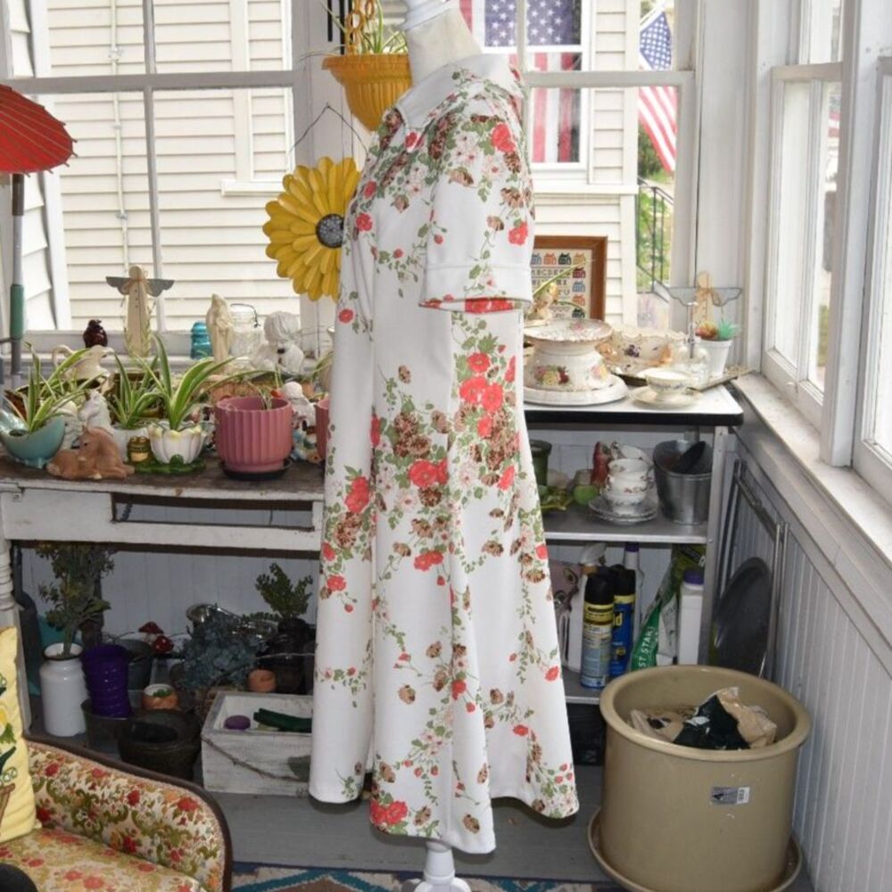 Vintage 1970s Floral Polyester Dress Pointed Collar A Line Midi Size L - Picture 4 of 7
